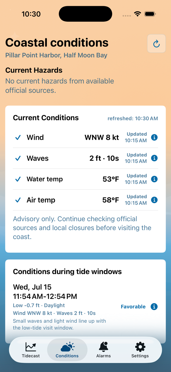 Tidecast conditions screen showing current hazards, wind, waves, and water temperature.