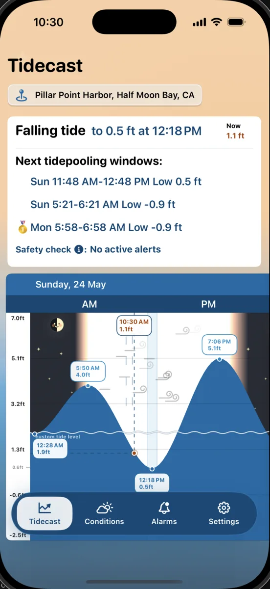 Tidecast dashboard showing a tide chart with animated wind and rain conditions.