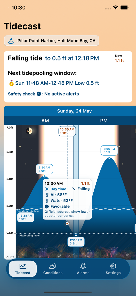 Tidecast dashboard showing the tide chart time scrubber with tide height, daylight, temperature, and coastal condition context.