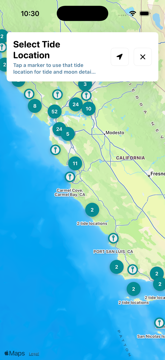 Tidecast map used to choose a nearby tide station.