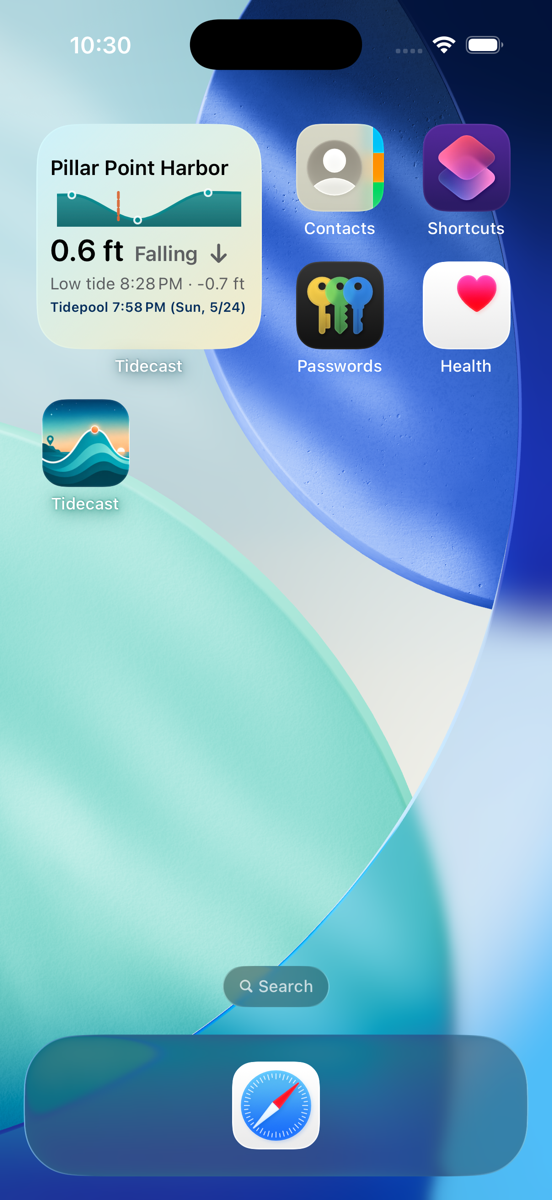 Tidecast widgets showing tide height, next tide, tide chart, and custom tide level.
